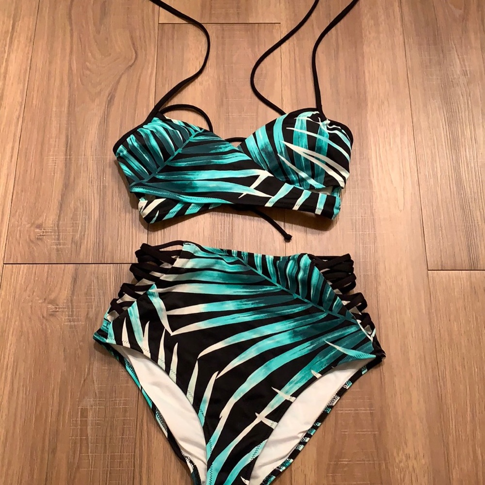 Pink tropical bikini set high waisted bottoms